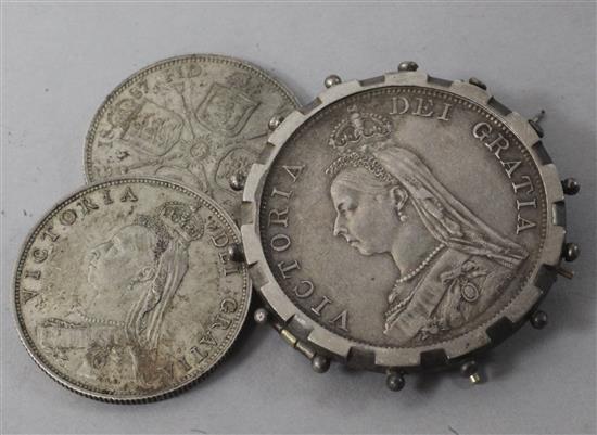 Two Victorian silver florins and a mounted crown.